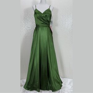 Morgan & Co Olive Green Satin Maxi Dress Size 11 V Neck formal Prom gown